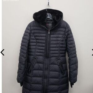 Pajar Black Quilted Long Puffer Coat with Faux Fur Collar